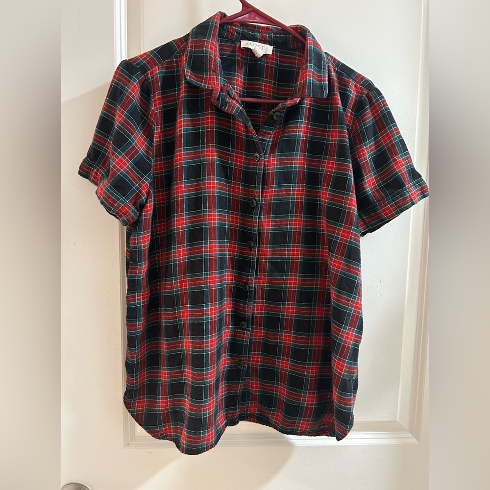 Loft sleep plaid button down short sleeve top